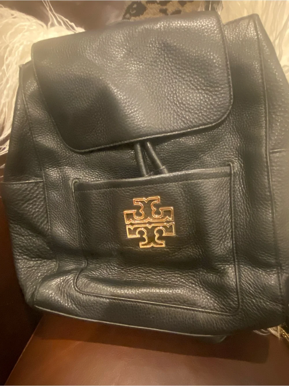 Tory Burch Black Pebbled Leather Backpack with Gold Logo Accent